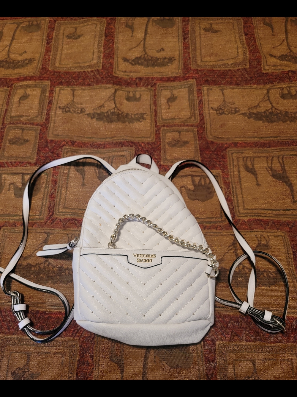 Victoria's Secret White Quilted Mini Backpack with Gold Chain